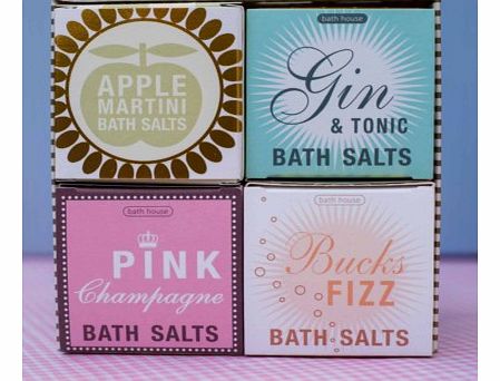 Bath Salts Gift Box Set of 4The ideal gift for anyone who loves a relaxing bath and the drinks these bath salts smell like!The set includes four boxes of bath salts: Pink Champagne bath salts, Apple Martini bath salts, Gin and Tonic bath salts and Bu