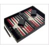 The Leatherette Backgammon Set comes in a practical black leatherette carrying case with a black/bur