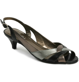 Deness, peep toe leather sandal. Featuring a low stack heel, slingback and multi colour panels detai