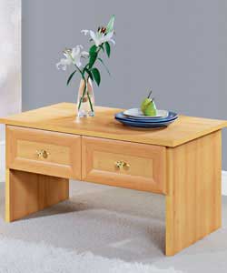Beech finish coffee table with 1 drawer on each side of the table and a large shelf under the top