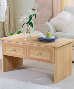 Beech effect coffee table.2 drawers, 1 on each side, on metal runners.Gold look handles.Size (L)90,