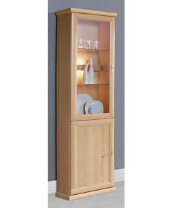 Beech effect display unit with 1 glass door and 1 wooden door.2 adjustable glass shelves and