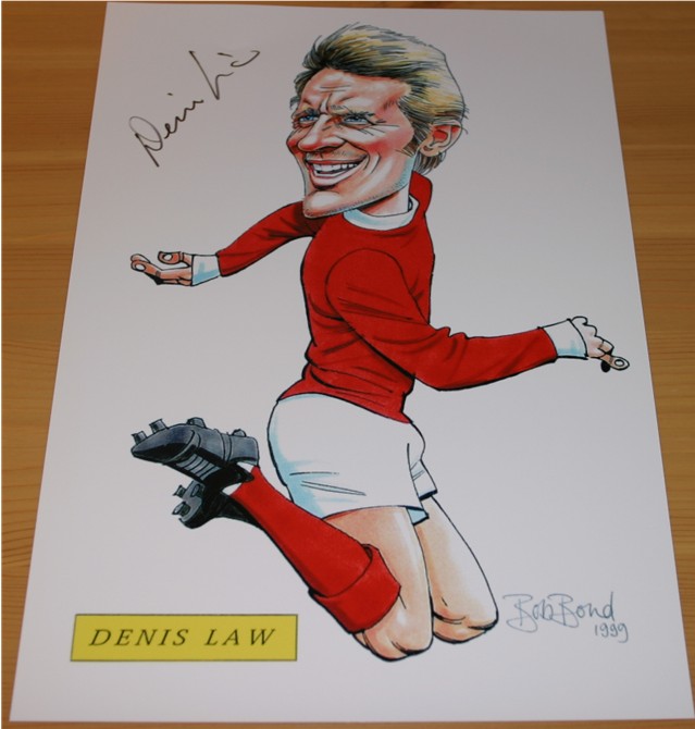 DENIS LAW HAND SIGNED 12 x 8 CARICATURE