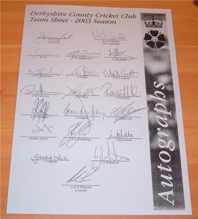 DERBYSHIRE CCC TEAM SHEET 2003 - SIGNED BY 20