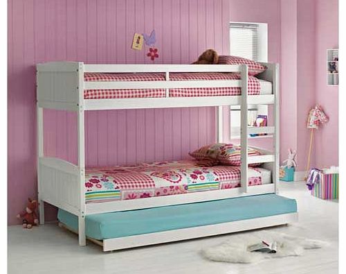 This Detachable White Bunk Bed with Trundle and Bibby Mattress is perfect for when you have two children sharing a room. and you need that extra space for guests as well. This bunk bed set comes with 3 open coil. medium feel mattresses with a depth o