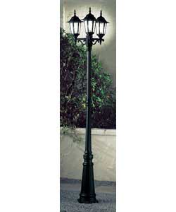 Black lamp post with glass panels.Height 230cm.Diameter 60cm.For outdoor use only.Requires 3x 100