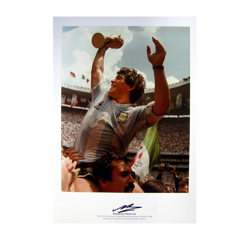 The print features Maradona lifting the World Cup after inspiring Argentina to victory in Mexico.The