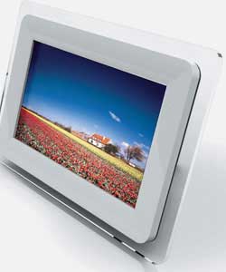White/clear finish frame with a 7 inch LCD display.View photos directly from memory cards.Jpeg files