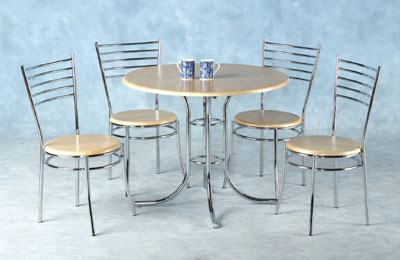 3FT ROUND TABLE AND FOUR CHAIRS WITH STUNNING CHROME PEDESTAL