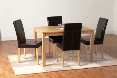 This set features a 46x31.5 rectangular table with square legs in classic oak effect finish and is
