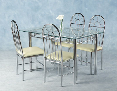 GENEROUS 50x34 GLASS TABLE WITH UNIQUELY STYLED CHROME APRON WITH FOUR COMPLIMENTARY STYLED CHAIRS
