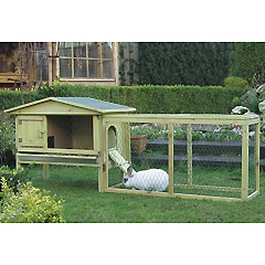 Complete outdoor home for your rabbit in this wooden hutch.  The hutch is divided into 2 sections 