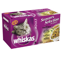 Each Whiskas tray is carefully prepared and simmered in its own juces to seal in all the natural goo