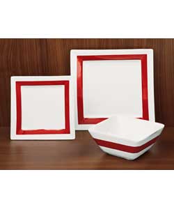 4 place settings.Square porcelain dinner set with a single wide band of colour.Set contains 4 dinner