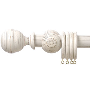 White curtain pole kit made from beech wood with a distressed finish. Complete with brackets, rings