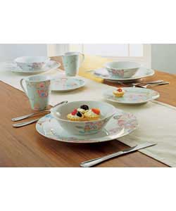 4 place settings. Set contains: 4 dinner plates, 4 side plates, 4 bowls and 4 mugs. Dinner plate dia