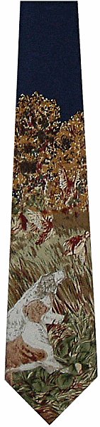 A great country tie featuring dogs flushing out pheasants, done in a painting style