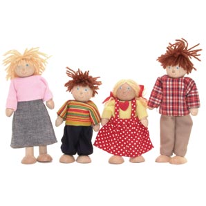 A colourful dolls house family of four comprising mother, father, daughter and son. Made from wooden