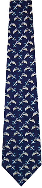 A dark blue dolphin tie featuring lots of little dolphins leaping out of the water
