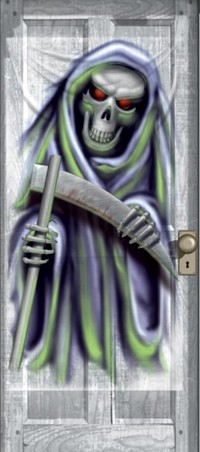 Give your guests a taste of what is within with this Grim Reaper door decoration