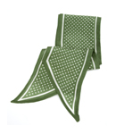 This beautiful green pure silk scarf is long and narrow and features polka dots and cream bordered e