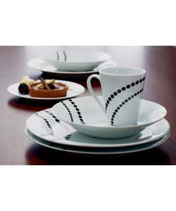 4 place settings. Set contains 4 dinner plates, 4 side plates, 4 soup plate and 4 mugs. Dinner plate