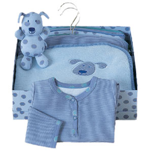 This blue spotty gift set contains a puppy rattle