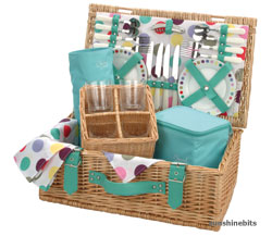 Top quality picnic basket finished in bright spotty design and matching accessories inside. The Dott