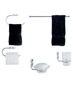 Chrome plated metal material.Comprises towel rail, toothbrush holder with glass tumbler, soap dish h