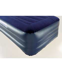 Blue PVC airbed with stability enhancing lower chambers and unique comfort rib design to help elimin