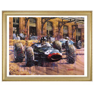 Print of a fine painting by Juan Carlos Ferrigno. Shows Graham Hill leading the 1964 Monaco GP to br