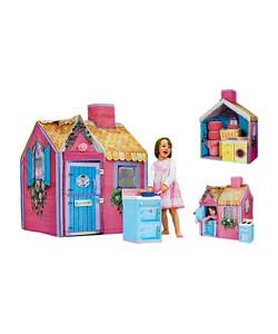 Beautiful fabric cottage opens up to provide a versatile play space. Features working doors,