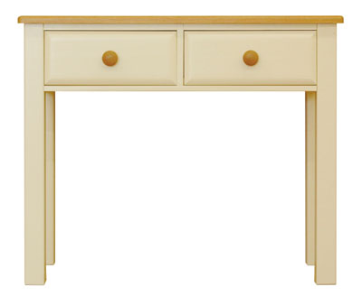 DRESSING TABLE CONSOLE IN A DEVON CREAM PAINTED FINISH WITH SOLID OAK TOPS AND KNOBS. DOVETAILED DRA