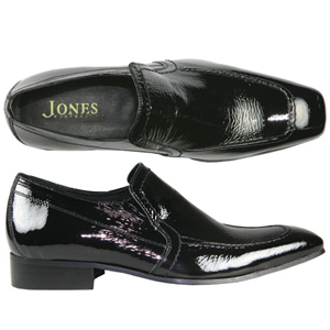 A classic patent loafer from Jones Bootmaker. Features crumpled patent uppers, hidden gusset and dec
