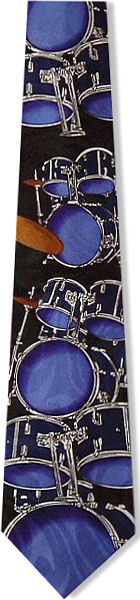 A great tie for any drummer with large light blue drums on a navy background