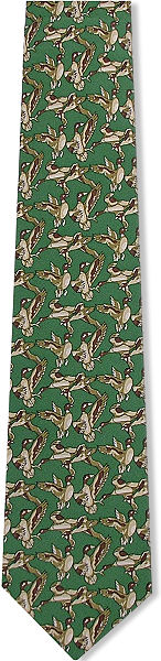 A lovely green silk tie featuring lots of flying ducks all over.