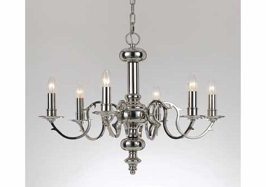 This beautifully styled traditional chandelier features graceful curved and upswept arms holding 6 candle bulb holders. A polished nickel finish makes this fixture the perfect centre piece for any tastefully decorated room. Coordinated wall lights to