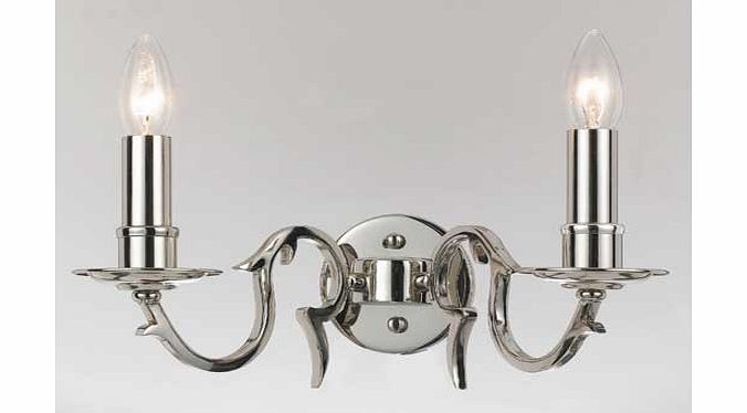 This beautifully styled traditional wall light features graceful curved and upswept arms holding 2 candle bulb holders. A polished nickel finish makes these fittings the perfect accent pieces for any tastefully decorated room. Coordinate with the mat
