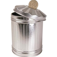 Miniature silver-metal dustbins with a slot in the top to insert coins. The lid comes off to retriev