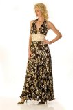 Tie-up, halter neck, full length printed satin dress with plunge neckline. Beaded and sequined panel