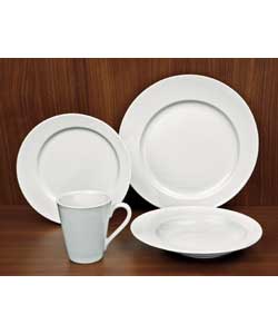 4 place settings.Plain white, offset rim shape.Set includes 4 dinner plates, 4 side plates, 4 bowls 