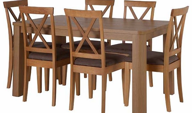 This Eleanor Oak Veneer Dining Table and 6 Cross Back Chairs offers a grand and attractive piece of dining furniture to your home. Made from solid oak. this table is sturdy and boast a real quality look. 6 comfortable and stylish chairs make this per