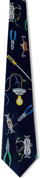 A great electricians tie, with electricians tools with a light bulb on a textured navy background