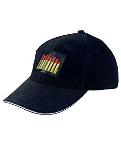Light up baseball cap.Black with yellow and red graphic equaliser panel.Sound sensitive graphic equa
