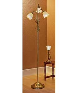 Antique brass finish floor lamp with floral design shades.Height 161cm.Shade diameter 13cm.Foot