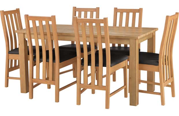 Make a bold statement in your home with the simple clean lines of the Elliott range. The solid wood chairs with leather effect cushioned seats provide maximum comfort