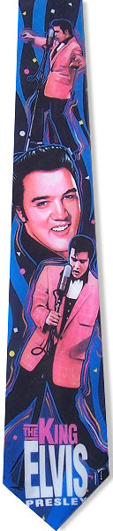 A great Elvis tie with him in various poses and the text The King, Elvis Presley at the bottom