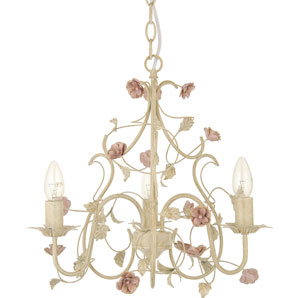 3 light painted steel chandelier decorated with small flower shapes
