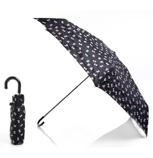 Bow pattern compact umbrella with hook shaped handle. The Emini umbrella will add a feminine touch t
