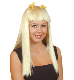 Long straight blonde wig with bunches. Looks great as Baby spice.